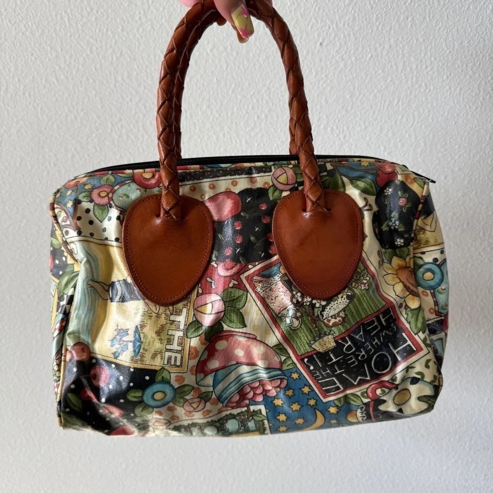 Vintage Mary Engelbreit Print Nordic House Designs Canvas Leather Duffle Purse